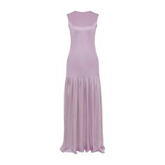 Celebrate Femininity with our Lylia Pleated Silk Dress, embracing your silhouette with exquisite finesse. Expertly crafted from lavender double silk satin, it features a fitted long bodice, gracefully tracing the curves of the body.  As the eye travels downward, it finishes into a semi-sheer silk charmeuse pleated skirt, adding to the feminine charm of this long dress. Features concealed zipper back fastening, ensuring a seamless finish.  Complete the sophisticated ensemble with a pair of high-heeled sandals. Each Il Volo item is handmade by skilful artisans in our Buchareast atelier and it is created in limited series. 100% Italian Silk.  Gentle dry clean. Do not wash. Do not use chlorine based bleach. Do not tumble dry. Cool iron, max 110 C.  Made in EU. Elegant Lavender Maxi Dress For Evening, Lavender Satin Evening Dress, Fitted Silk Dress In Lavender, Lavender Fitted Silk Dress, Fitted Silk Lavender Dress, Fitted Lavender Silk Dress, Elegant Sleeveless Purple Satin Dress, Elegant Purple Dress With Satin Finish, Silk Evening Dress With Fitted Bodice In Purple