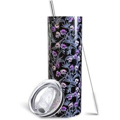 thermos flask tumbler is decorated with floral designs and features a stainless steel straw lid