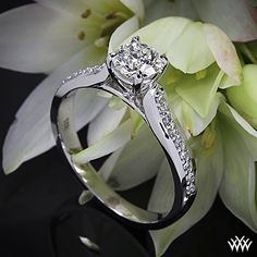 a diamond ring sitting on top of a flower