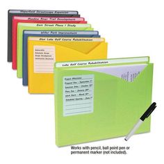 an assortment of colored folders with writing on them