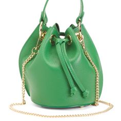 Strap, Detachable Top Carry Handle, Metal Feet 6in W X 8in H Drawcord Closure 1 Interior Slip Pocket Leather Imported, Made In Italy Chic Green Leather Bucket Bag, Green Bucket Bag With Gold-tone Hardware, Elegant Green Bucket Bag For Shopping, Formal Green Bucket Shoulder Bag, Green Bucket Bag With Removable Pouch, Green Formal Bucket Bag With Detachable Handle, Formal Green Bucket Bag With Removable Pouch, Green Bucket Shoulder Bag For Evening, Green Formal Bucket Bag