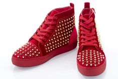 Men's Red And Gold Spiked High-Top Sneakers Golden Spike, Semi Formal Outfits, Men's High Top Sneakers, Mens High Tops, Red Fire, Formal Outfit, Cool Suits, Red Gold, High Top