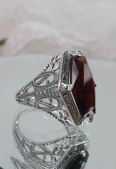 4ct Hexagon Simulated Red Garnet Gemstone Solid Sterling Silver Art Deco/Edwardian Motif Filigree Ring (Made To Order)  #237 Red Victorian Filigree Ring For Anniversary, Classic Formal Rings With Faceted Details, Victorian Red Oval Filigree Ring, Elegant Faceted Ruby Ring For Formal Occasions, Ruby Ring With Intricate Design For Wedding, Elegant Formal Faceted Ruby Ring, Classic Formal Faceted Rings, Wedding Rings With Intricate Garnet Design, Red Victorian Filigree Ring With Gemstone