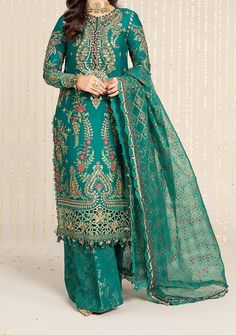 Maria.B Pakistani Luxury Embroidered Dress - db27234 Silk Embroidered Dress With Floral Design For Eid, Silk Embroidered Dress With Floral Embroidery For Eid, Elegant Silk Unstitched Suit With Floral Embroidery, Elegant Silk Lawn Suit With Floral Embroidery, Designer Silk Dress With Floral Embroidery, Elegant Green Sets With Floral Embroidery, Elegant Unstitched Suit With Floral Embroidery For Designer Wear, Elegant Salwar Kameez With Floral Embroidery In Raw Silk, Elegant Raw Silk Salwar Kameez With Floral Embroidery