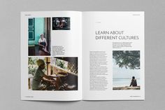 an open book with photos and text on it that says learn about different cultures