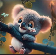 a cute little koala sitting on top of a tree branch with flowers in its mouth