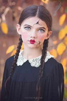 50+ Kids Who Took Halloween Costumes To Another Level - HubPages Doll Makeup Halloween Kids, Doll Halloween Make Up, Wind Up Doll Makeup, Scary Girls Halloween Costumes, Broken Doll Makeup Kids, Girls Scary Halloween Costumes, Creepy Doll Makeup Easy