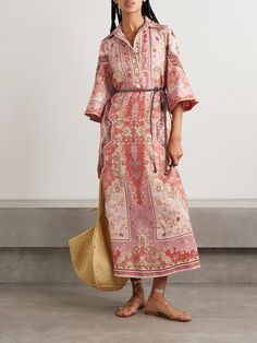 Zimmermann's signature motifs are always so intricately designed with beautiful colors and detail. Part of the Resort '25 lineup, this 'Wylie' dress is cut from breathable linen in a relaxed shape with elbow-length sleeves and a self-tie belt that defines your waist. Vintners Daughter, Linen Midi Dress, Dress Home, Pink Midi Dress, Printed Linen, Shearling Jacket, Elbow Length Sleeve, Dress And Heels, Jeans Dress