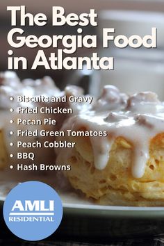 the best georgia food in atlanta cover shows biscuits and gravy on a plate