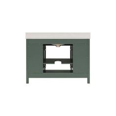 an entertainment center with a white top and green drawers