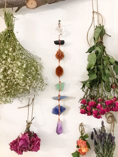 "This beautiful wall hanging is one of a kind comprised of natural gemstones, each is about 1\" in size. Wrapped in copper in order from top to bottom - Quartz crystal, black tourmaline, aragonite, golden amethyst, green calcite, blue kyanite, sodalite & amethyst. It hangs about 15\" long." Post Edit, Green Calcite, Beautiful Wall Hanging, Crystal Crafts, Blue Kyanite, Shiny Things, Hanging Wire, Black Tourmaline, Beautiful Wall