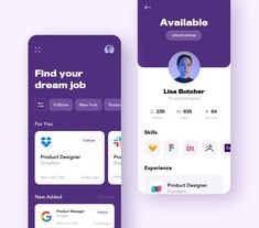 two mobile screens with the words find your dream job and an image of a woman's profile