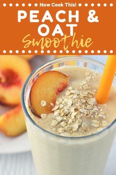 peach and oat smoothie in a glass with an orange straw garnish