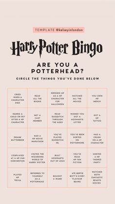 the harry potter bingo game is shown