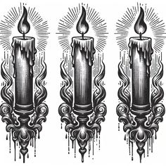 three candles with flames and swirls on the sides, one is black and white