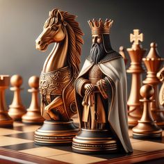 a golden chess set with a knight on it's head and two horses in the middle