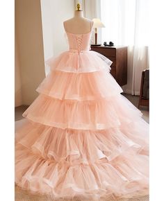 Get 10% off now! Buy princess pink tulle ruffle ballgown prom dress with feathers at cheap price online. Free stable shipping and pro custom service since 2009. Prom Dress With Feathers, Debut Decorations, Prom Dress Unique, Beautiful Ballgown, Ballgown Prom Dress, Dress With Feathers, Tulle Dress Long, Dream Prom, Dress Unique