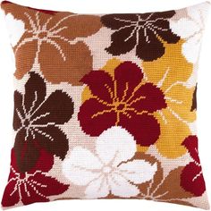 a brown and red pillow with flowers on it