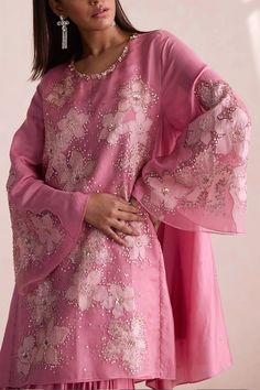 Rose pink silk kurta with floral and beaded embroidery. Comes with sharara and a cotton slip. - Aza Fashions Kurta And Sharara Set, Kurta And Sharara, Pink Kurta, Floral Work, Cotton Slip, Silk Kurta, Beaded Neckline, Sharara Set, Pink Silk