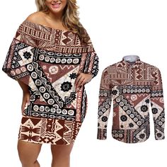 Bula Fiji Couples Matching Off Shoulder Short Dress and Long Sleeve Button Shirt Unique Masi Tapa Pattern LT14 Brown - Polynesian Pride Off Shoulder Short Dress, Couples Matching, Matching Couples, Button Shirt, Summer Shirts, Short Dress, Hawaiian Shirt, New Outfits, Fashion Games