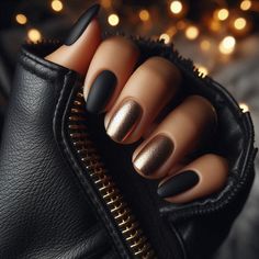 10 Fall Matte Nail Ideas 27 Black Tip Matte Nails, Gloss Matte Nails, Matte Black Rose Gold Nails, Matt Gold Nails, Black Nails Autumn, Thanksgiving Matte Nails, Matte Navy Nails With Gold, Mixed Matte And Shiny Nails, Matte Powder Dip Nails