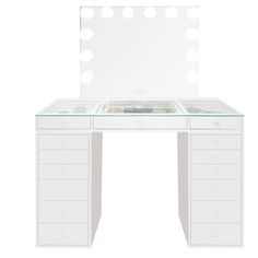 a white vanity table with a mirror and lights on the top, in front of a white background