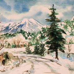 a painting of snow covered mountains and trees