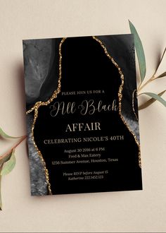 a black and blue birthday party card with gold foil