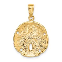 14k yellow gold textured sand dollar pendant. Measures approximately 1 1/16"L x 11/16"W and has a 3mm bail. Sand Dollar Pendant, Simple Wedding Bands, Gold Sand, Yellow Tone, Jewelry Charms Pendants, Return Gift, Jewelry Charms, Rose Jewelry, White Gold Wedding