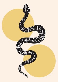 a black and white snake with leaves on it's head, against a yellow background