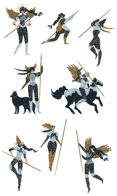 four different images of women with swords and armor