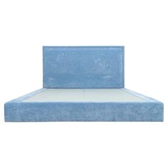 a blue bed frame with no headboard and pillows on it, against a white background