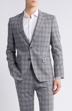 Patterned in a tonal plaid, this suit tailored from a wool-forward blend kissed with touch of stretch makes a versatile addition to your formal wardrobe. Jacket has notched lapels; four-button cuffs; chest pocket; welt pockets; side vents Trousers have zip fly with button-tab closure; slant pockets; back button-welt pockets Jacket is lined 60% virgin wool, 38% polyester, 2% elastane Dry clean Made in Turkey Fitted Plaid Sport Coat For Semi-formal Occasions, Semi-formal Fitted Plaid Sport Coat, Tailored Plaid Blazer For Business, Formal Plaid Tweed Jacket With Notch Lapel, Formal Plaid Pattern Tweed Jacket With Notch Lapel, Formal Plaid Suit With Lapel Collar, Fitted Plaid Sport Coat With Notch Lapel, Plaid Wool Suit With Notch Lapel, Fitted Plaid Sport Coat With Suit Collar