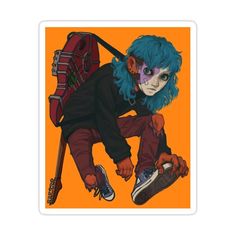 a drawing of a person with blue hair holding a backpack and skateboard in their hands