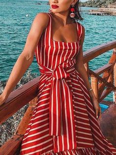 DESCRIPTION SKU: DR2000A572 Brand Name: Toadds Material: Polyester Thickness: Regular Sleeve length: Sleeveless Collar&neckline: Square neck Style: Fashion Package Included: 1*vacation dress Season: Summer SIZE CHART(CM) Size Bust Waist Hip S 86-90 72 88 M 90-94 76 92 L 94-98 80 96 XL 98-102 84 100 2XL 102-106 88 104 3XL 106-110 92 108 All dimensions are measured manually with a deviation of 1 to 3cm. Plus Size Bohemian, Striped Dress Summer, Bohemian Maxi, Long Beach Dress, Ruffles Fashion, Bohemian Maxi Dress, Ladies Clothes, Maxi Robes, Striped Maxi