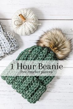 three crochet beanies with the text, 1 hour beanie free crochet pattern