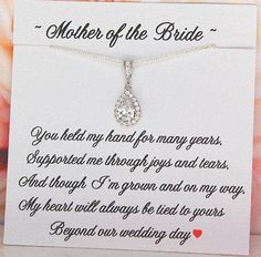 Gorgeous CZ Pendant Necklace for Mother of the Bride Card For Mother, Necklace For Mother, Hold My Hand, Cz Pendant, Jewelry Card, Mother Of The Groom, Our Wedding Day, On Your Wedding Day, Look On