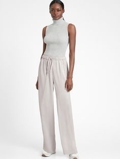 Wide-Leg Satin Pull-On Pant | Banana Republic Elegant Ankle-length Viscose Wide Leg Pants, Elegant Fitted Wide Leg Viscose Pants, Elegant Fitted Viscose Wide Leg Pants, Elegant Stretch Wide Leg Viscose Pants, Elegant Stretch Viscose Wide Leg Pants, Elegant Stretch Viscose Pants, Satin Ankle-length Wide Leg Pants For Work, Lauren Bacall, Petite Shorts