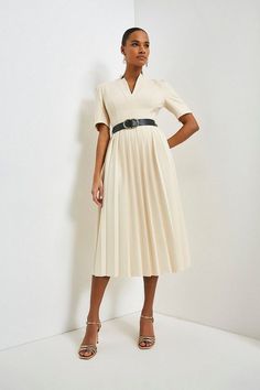 Tall Structured Crepe Forever Pleat Belted Midi Dress | Karen Millen Neutral Outfits, Notched Neckline, Sequin Dresses, Spring Weddings, Tall Dresses, Luxury Dresses, Belted Midi Dress, Tailored Dress, Fit Ideas