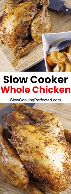 the slow cooker whole chicken is ready to be cooked in the oven and served