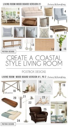 the living room mood board is filled with different furniture and decor items, including couches,