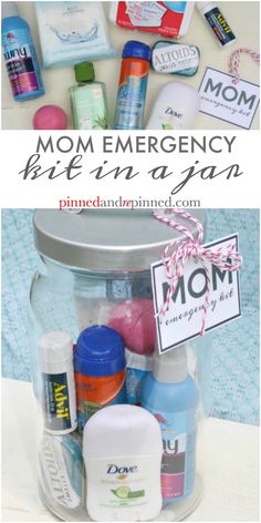 a jar filled with personal care items and the words mom emergency kit in a jar