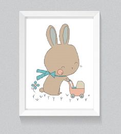 a cross stitch bunny with a stroller