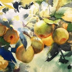 a painting of apples hanging from a tree