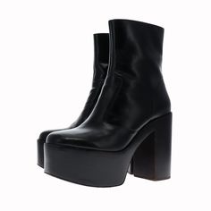 Jeffrey Campbell Platform Kiss Boots One Of The Closest (High Quality) Boots I Have Found That Resemble Rick Owens Kiss Boots, Without Being A Cheap Fast Fashion Rip Off. This Specific Boot Is A Few Years Old And Entirely Sold Out, The Model With A Heel And Platform This High Has Been Discontinued. Freshly Polished Vegan Leather, And A Wood Composite Platform Heel. Has Some Unnoticeable Scuffs That Have Been Polished Over. Size : 11 (Womens) / 9.5 (Mens) Heel Height : 5’ Platform Height : 2.5’ *Measurements Are Approximate* *Most Of These Garments Are Second Hand, Please Determine The Condition And Any Markings Or Wear Based On The High Res Photos Provided* All Orders Will Be Shipp Evening Platform Boots With Calf Leather And Leather Sole, Evening Platform Boots With Calf Leather, Evening Platform Boots With Leather Sole, Formal Ankle Platform Boots With Rubber Heel Cap, Luxury Platform Boots For Fall, Modern Formal Platform Boots With Leather Sole, High Heel Platform Boots With Leather Sole, Formal High Ankle Platform Boots With Sculpted Heel, Leather Platform Boots With Rubber Heel Cap For Party