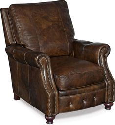 a brown leather recliner chair with nailing on the armrests and arms