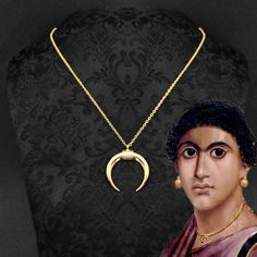 "This Roman necklace with lunula pendant is reminiscent of the fertility amulet worn by Roman girls and other women, which also served to remove the evil eye in this regard, and which can be seen in the very well-known mummy portraits from Al Fayum. ✤ 𝗡𝗘𝗖𝗞𝗟𝗔𝗖𝗘 𝗗𝗘𝗧𝗔𝗜𝗟𝗦 ✤ ➺ 1.8 mm chain with flash plated in 24k gold (0.05 micron), WITHOUT EXTENSION CHAIN. Please note this! ➺ 32x28 mm zamak lunula pendant with flash plating in 24k gold. ➺ 24k gold flash plated findings. ➺ Lobster clasp with 24k gold flash plating. 🔎 𝗠𝗢𝗥𝗘 𝗔𝗡𝗖𝗜𝗘𝗡𝗧 𝗥𝗘𝗣𝗟𝗜𝗖𝗔𝗦 𝗛𝗘𝗥𝗘 https://www.etsy.com/shop/Renaroque?ref=simple-shop-header-name&listing_id=1000668034&section_id=30595377 🔎 MORE PRODUCTS HERE: https://www.etsy.com/shop/Renaroque ✤ 𝗦𝗛𝗜𝗣𝗣𝗜𝗣𝗜𝗡𝗚 ✤ At this moment all orders Roman Necklace, Beautiful Symbols, Necklace Moon, Symbol Of Protection, Amulet Necklace, Crescent Moon Necklace, The Evil Eye, Ancient Romans, Moon Necklace