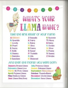 a printable llama name poster with the words what's your llama name?