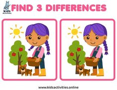 a girl with purple hair is holding a basket and standing next to an apple tree