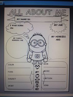 a despicable minion character sheet with the words all about me on it